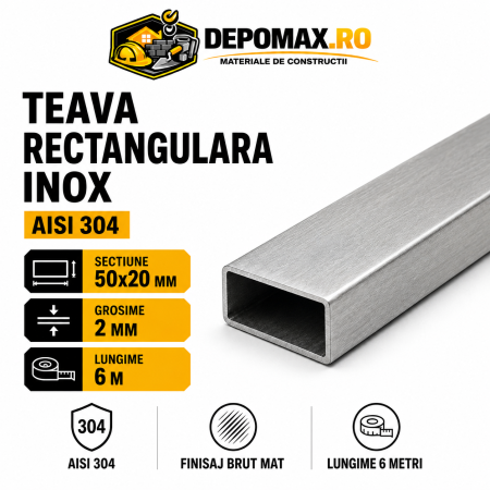 Teava rectangulara inox AISI 304, 50 x 20 x 2 mm, 6 metri